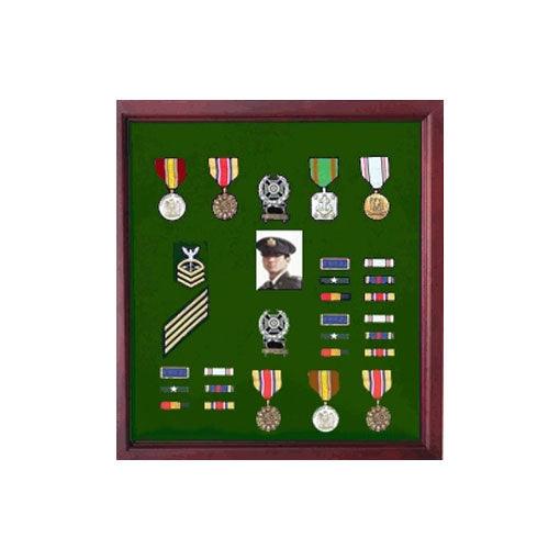 Extra Large Medal Display Case in Cherry Finish, showcasing military medals and memorabilia with a rich black felt lining.