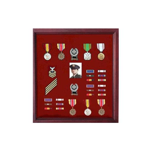 Extra Large Medal Display Case in Cherry Finish, showcasing military medals and memorabilia with a rich black felt lining.