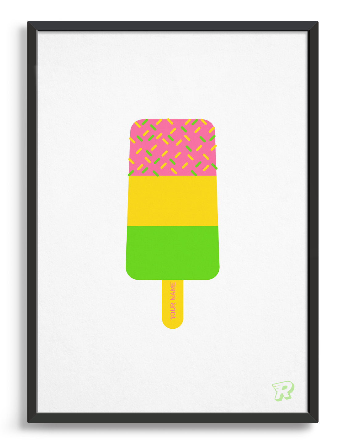 A colorful Fab ice lolly print featuring personalized names on the sticks, showcasing a modern pop art design.