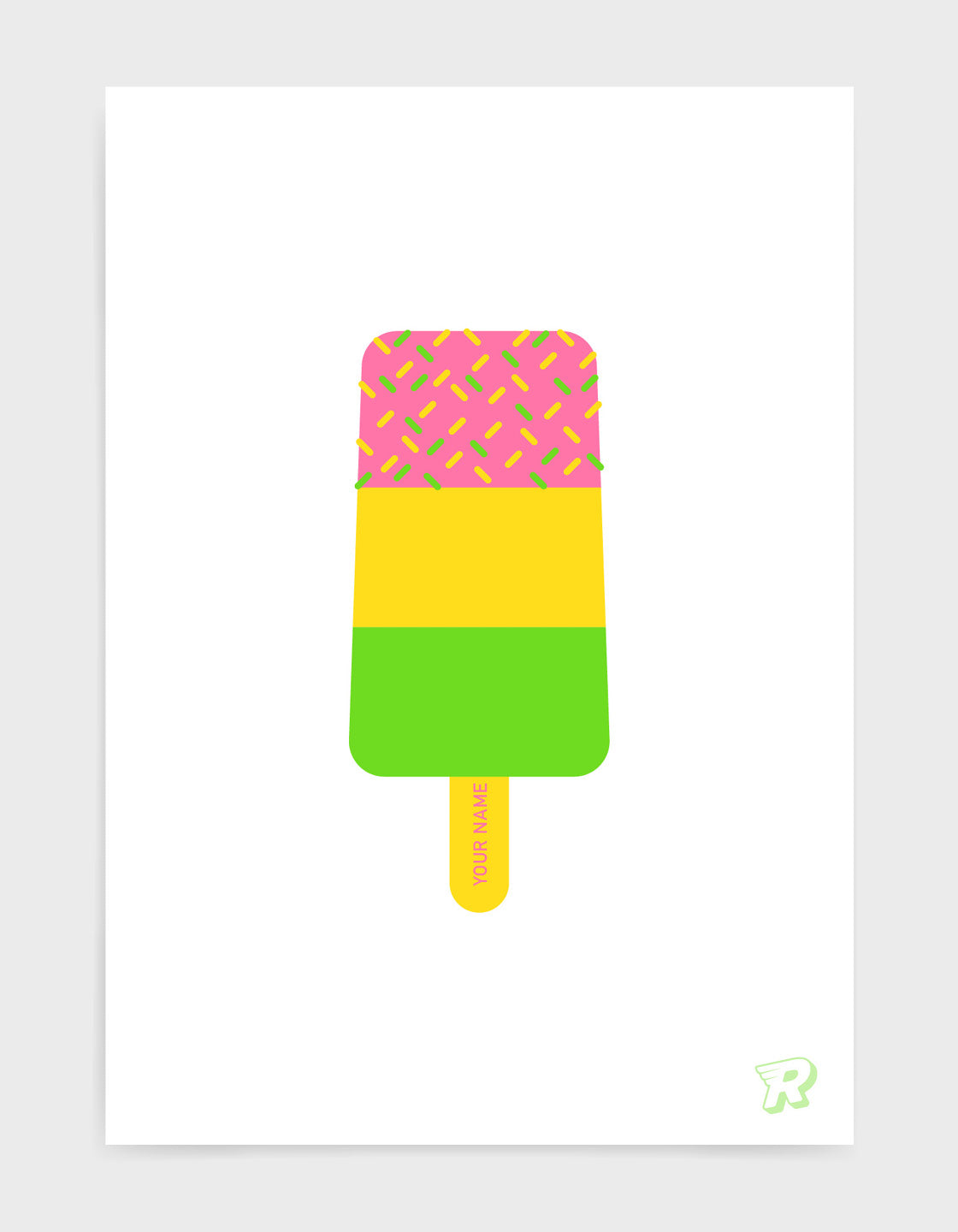 A colorful Fab ice lolly print featuring personalized names on the sticks, showcasing a modern pop art design.