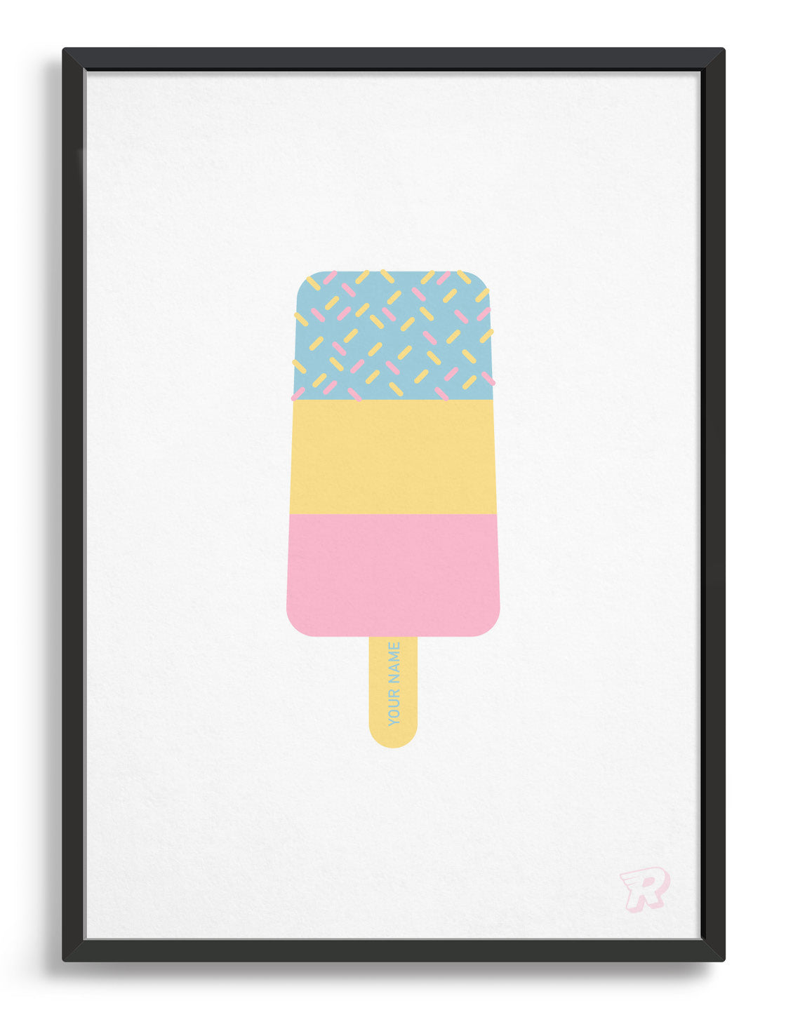 A colorful Fab ice lolly print featuring personalized names on the sticks, showcasing a modern pop art design.