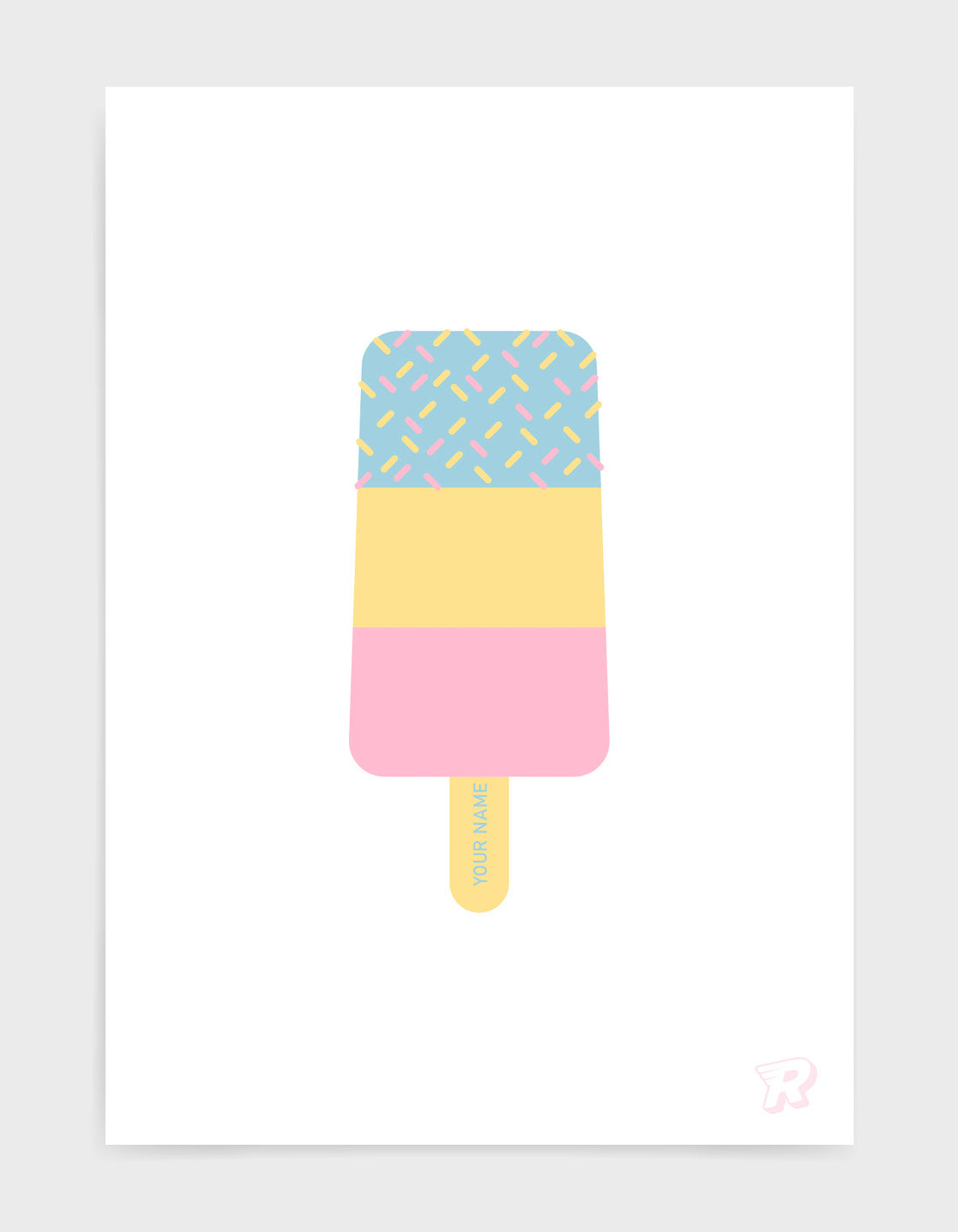 A colorful Fab ice lolly print featuring personalized names on the sticks, showcasing a modern pop art design.