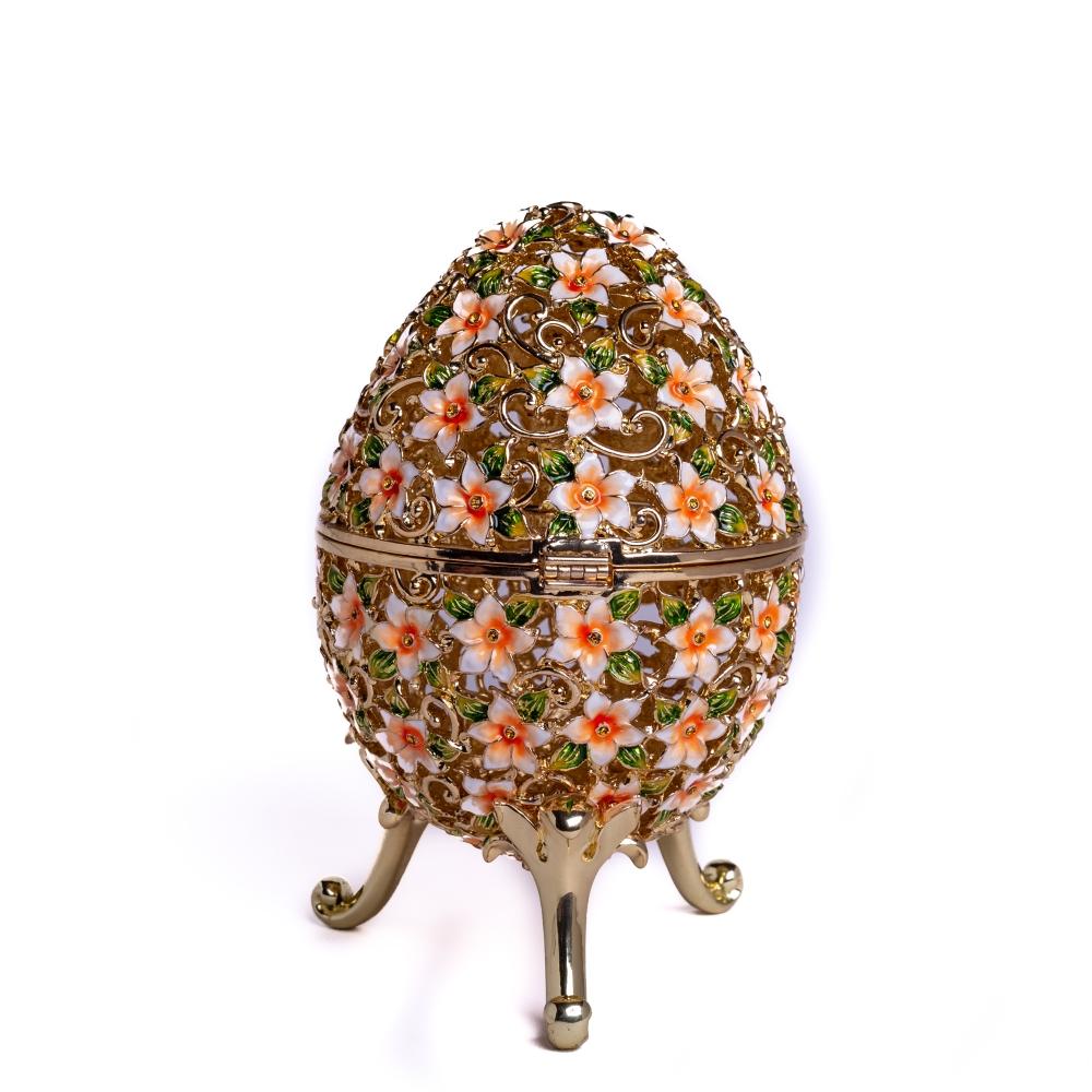 A beautifully crafted Faberge Egg trinket box decorated with vibrant flowers and Austrian crystals, showcasing 24K gold or 925 silver plating.