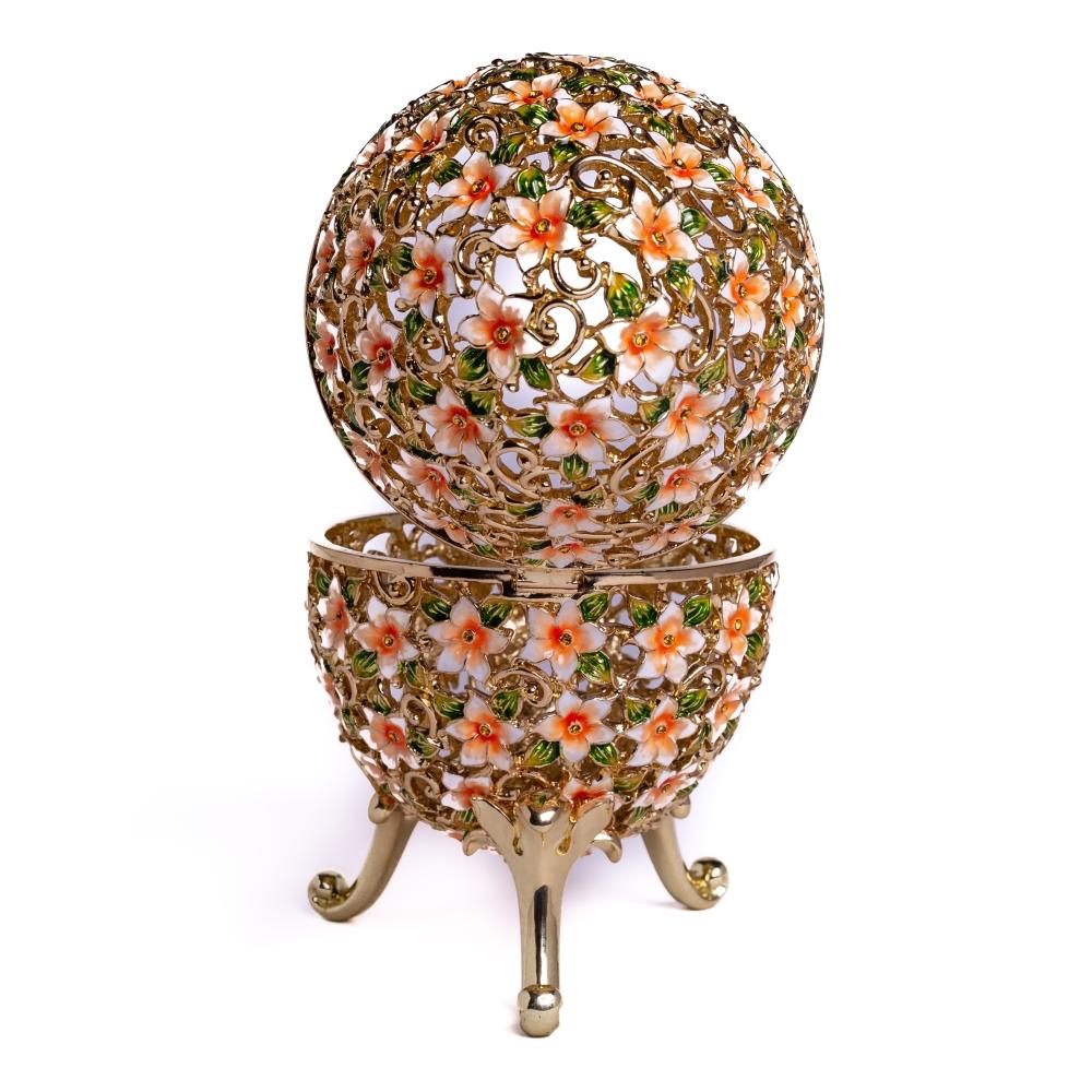 A beautifully crafted Faberge Egg trinket box decorated with vibrant flowers and Austrian crystals, showcasing 24K gold or 925 silver plating.