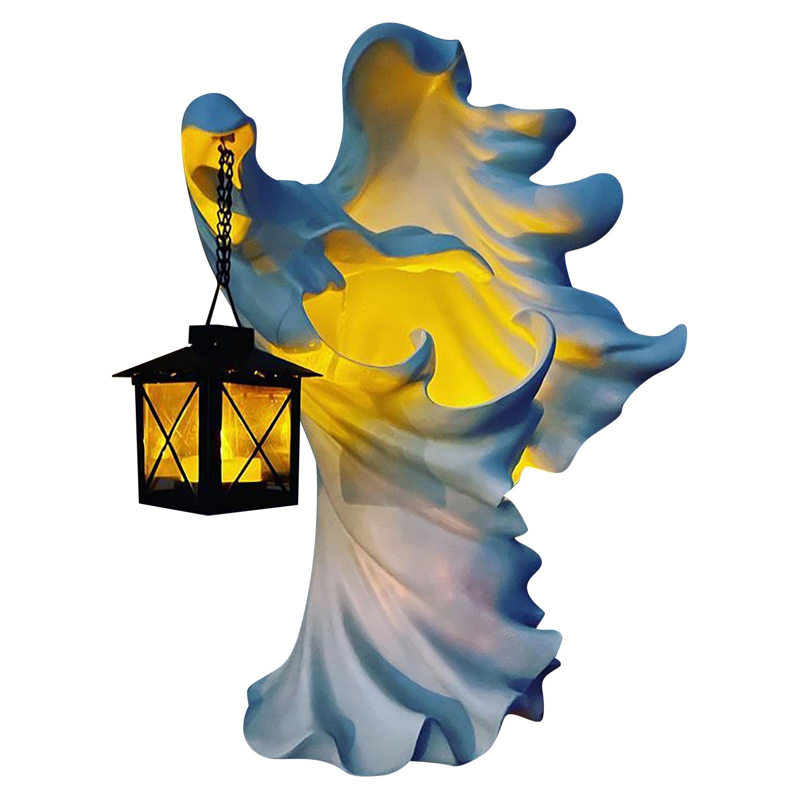 Faceless Ghost Sculpture made of resin, featuring a hand-carved design with a lantern, perfect for Halloween decoration.