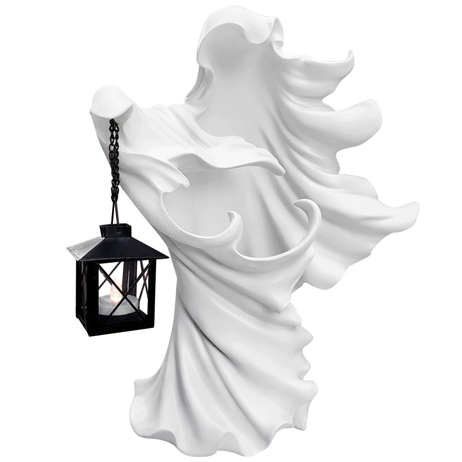 Faceless Ghost Sculpture made of resin, featuring a hand-carved design with a lantern, perfect for Halloween decoration.