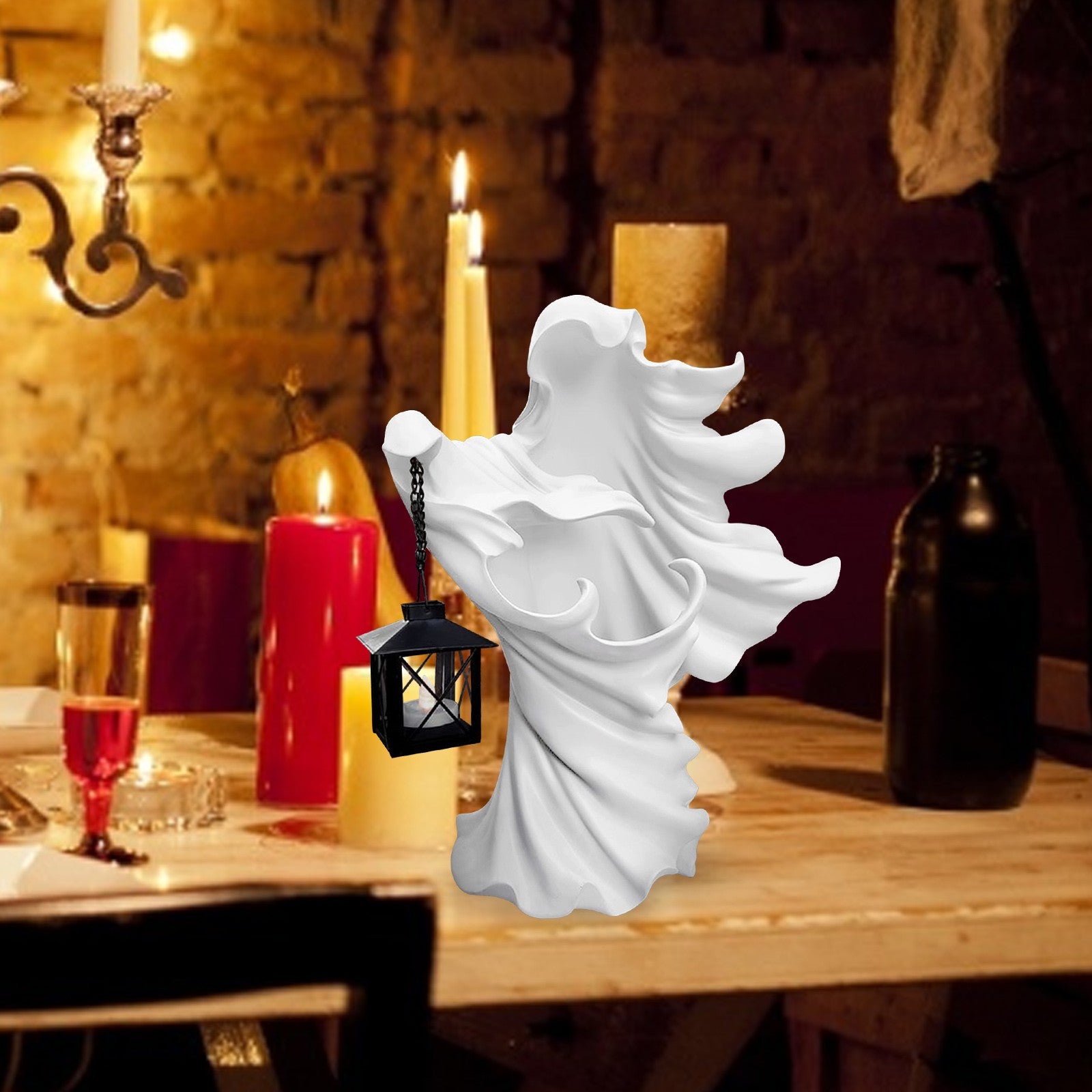 Faceless Ghost Sculpture made of resin, featuring a hand-carved design with a lantern, perfect for Halloween decoration.