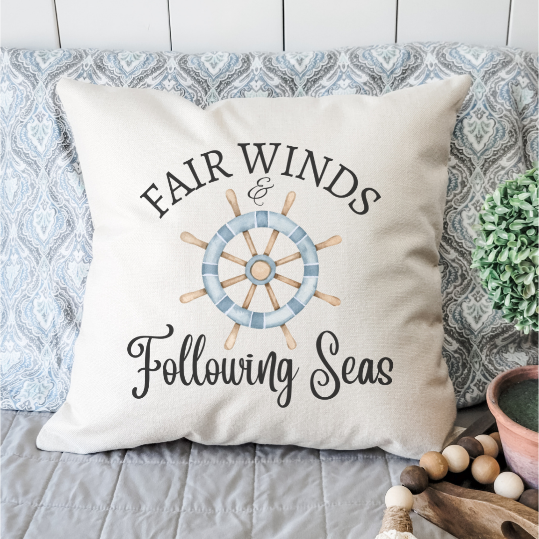 Fair Winds Pillow Cover featuring ocean-inspired designs on soft linen fabric, with a hidden zipper and light beige base color.