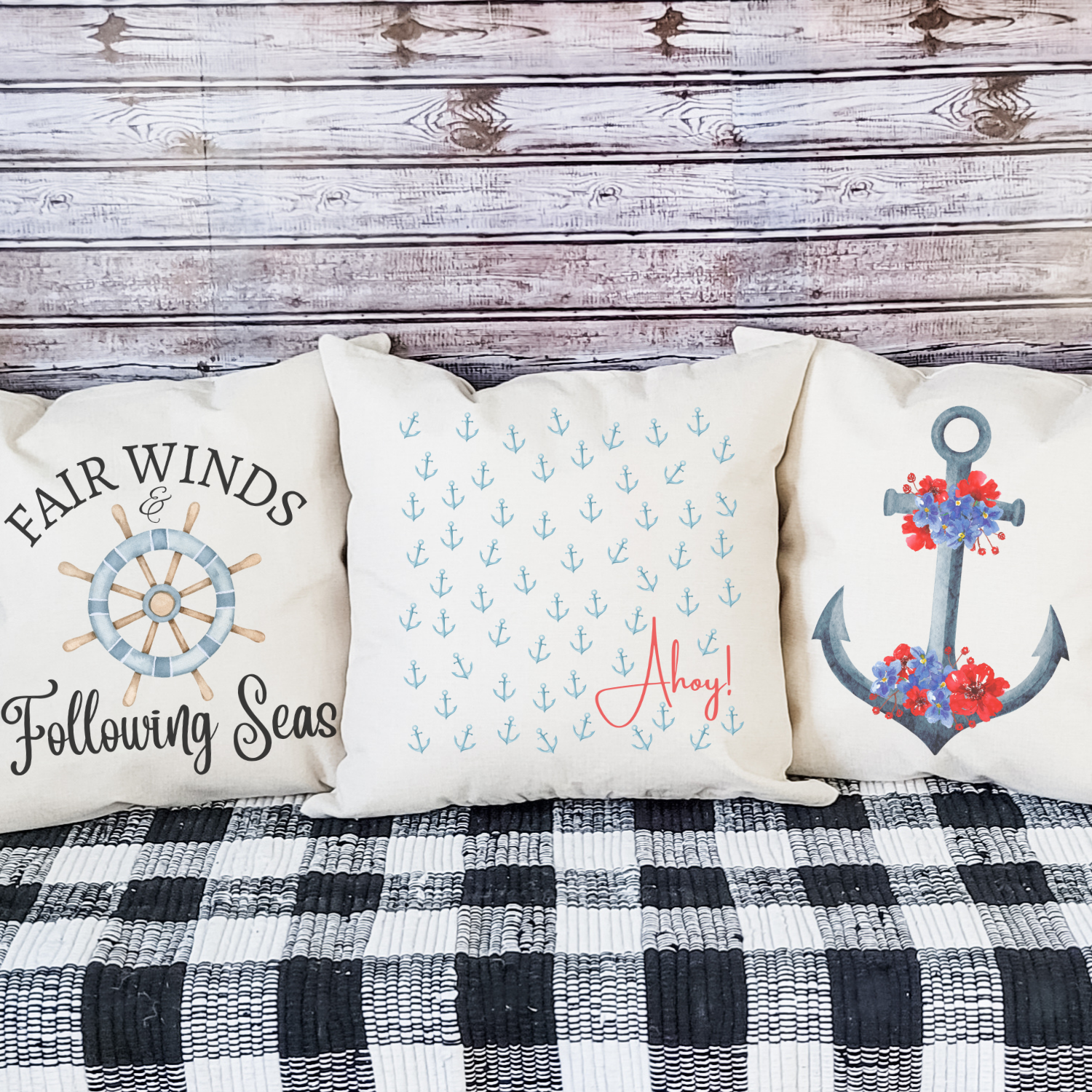 Fair Winds Pillow Cover featuring ocean-inspired designs on soft linen fabric, with a hidden zipper and light beige base color.