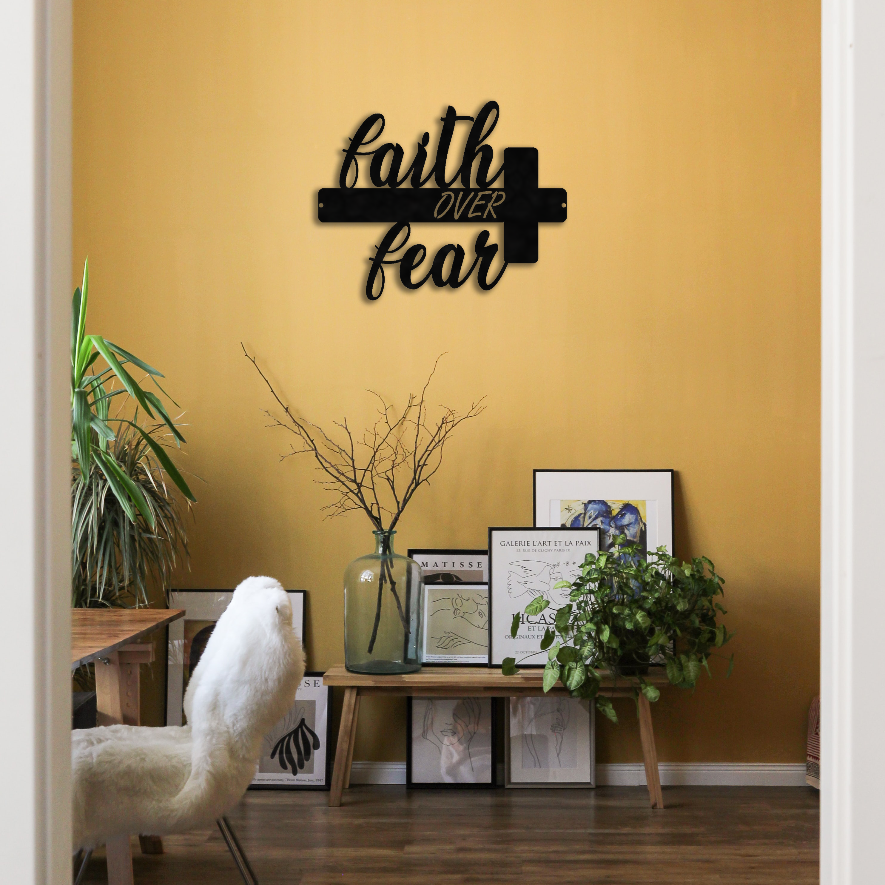 Faith Over Fear Metal Wall Art featuring inspirational design in durable 14 gauge steel with a low gloss finish.