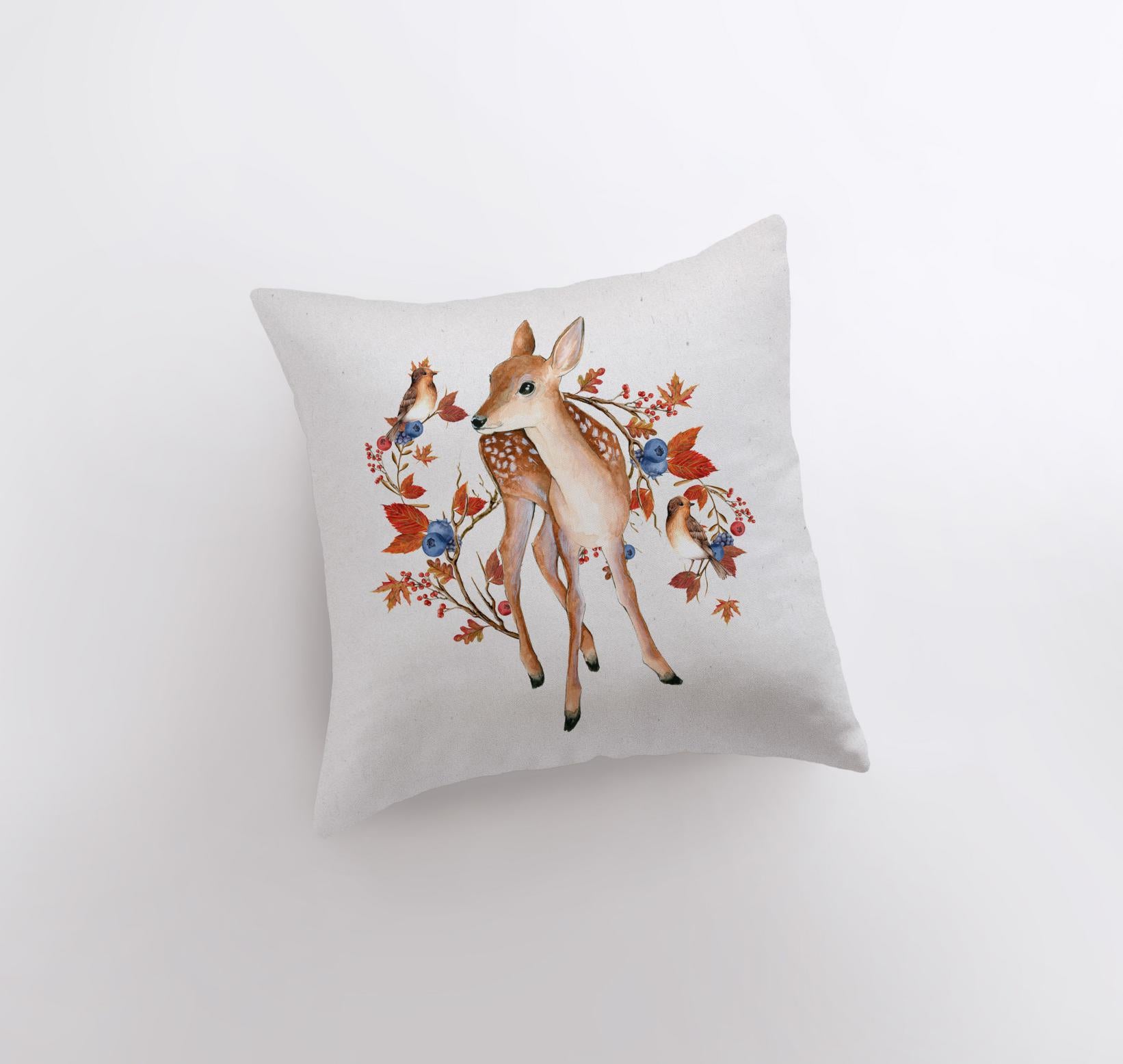 Fall Fawn Deer Looking Left Pillow Cover featuring a beige background with autumn leaves, blueberries, and a fawn, ideal for rustic decor.