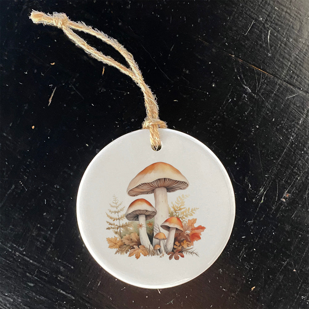 A beautifully crafted porcelain ornament featuring Fall Forest Mushrooms design, showcasing vibrant colors and a smooth finish.