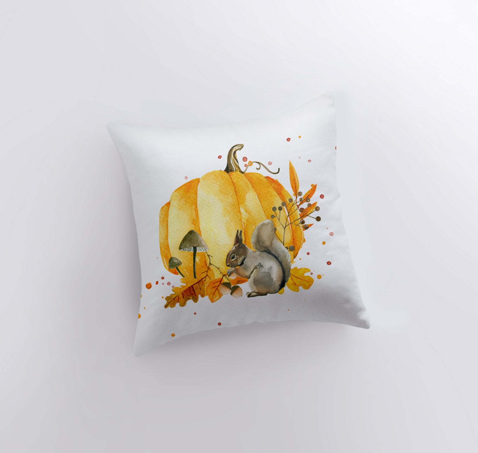 Handmade Fall Pumpkin Harvest Pillow Cover featuring a watercolor pumpkin and squirrel design, perfect for autumn decor.