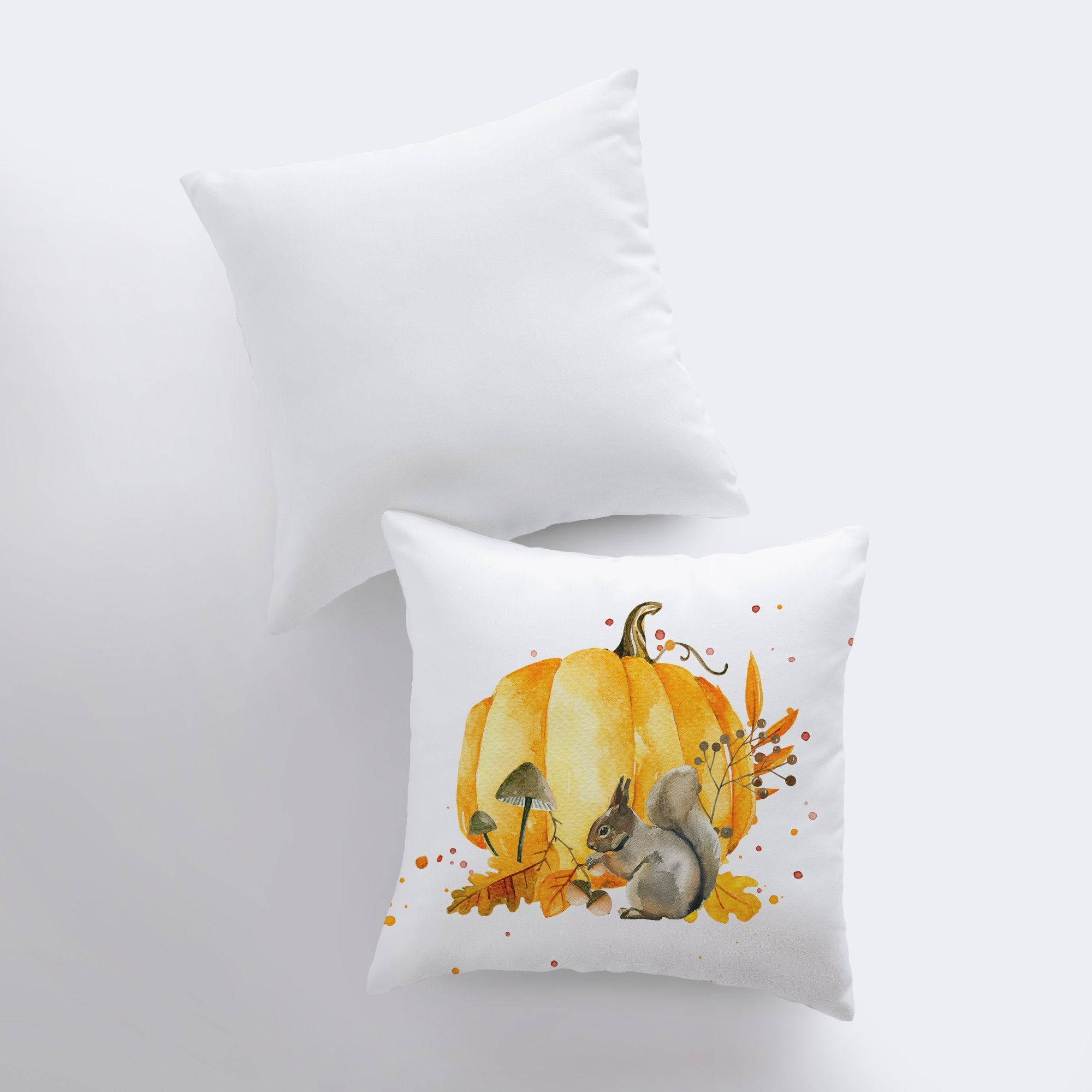 Handmade Fall Pumpkin Harvest Pillow Cover featuring a watercolor pumpkin and squirrel design, perfect for autumn decor.