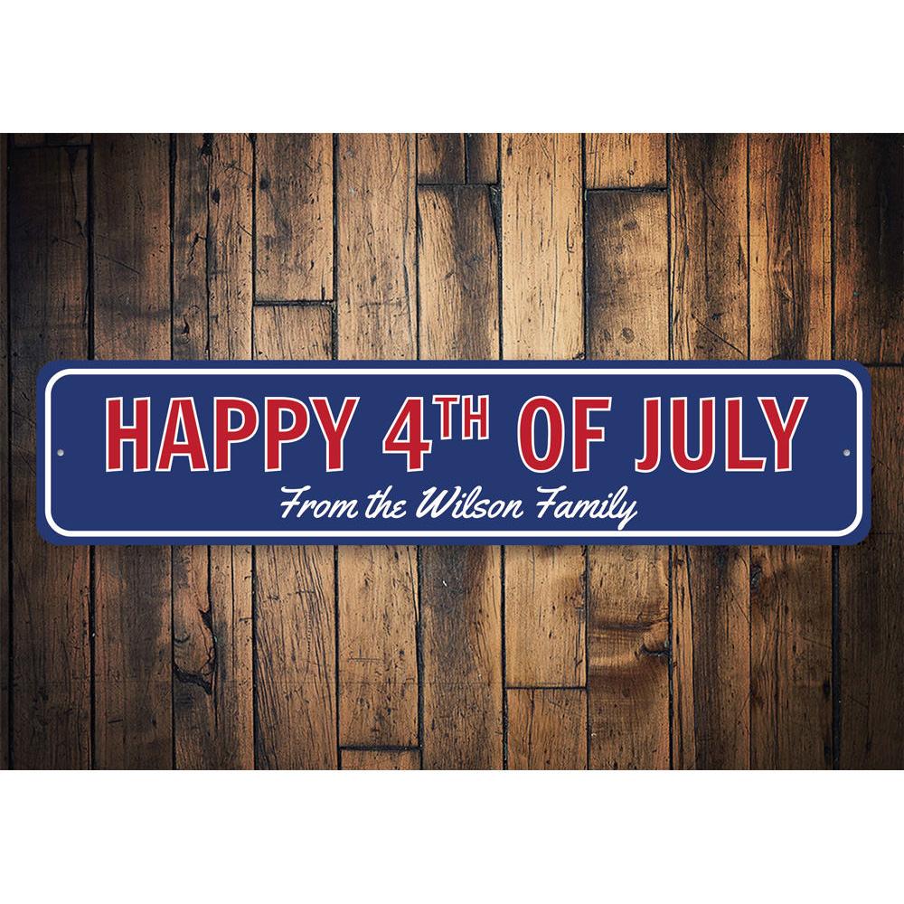 Family 4th of July Sign made from quality aluminum, featuring customizable text and pre-drilled holes for easy mounting.