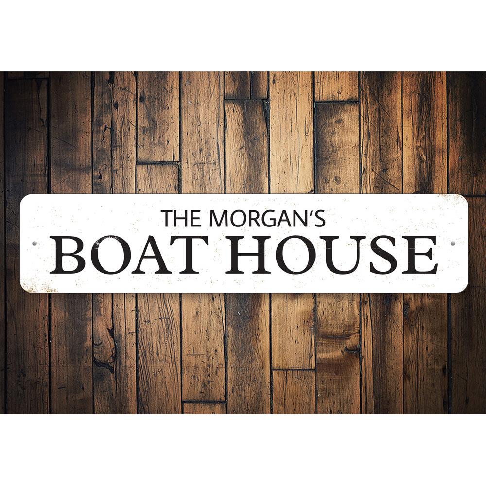 A personalized Family Boat House Sign made of high-quality aluminum, featuring customizable text and a rustic design, perfect for lakehouse decor.