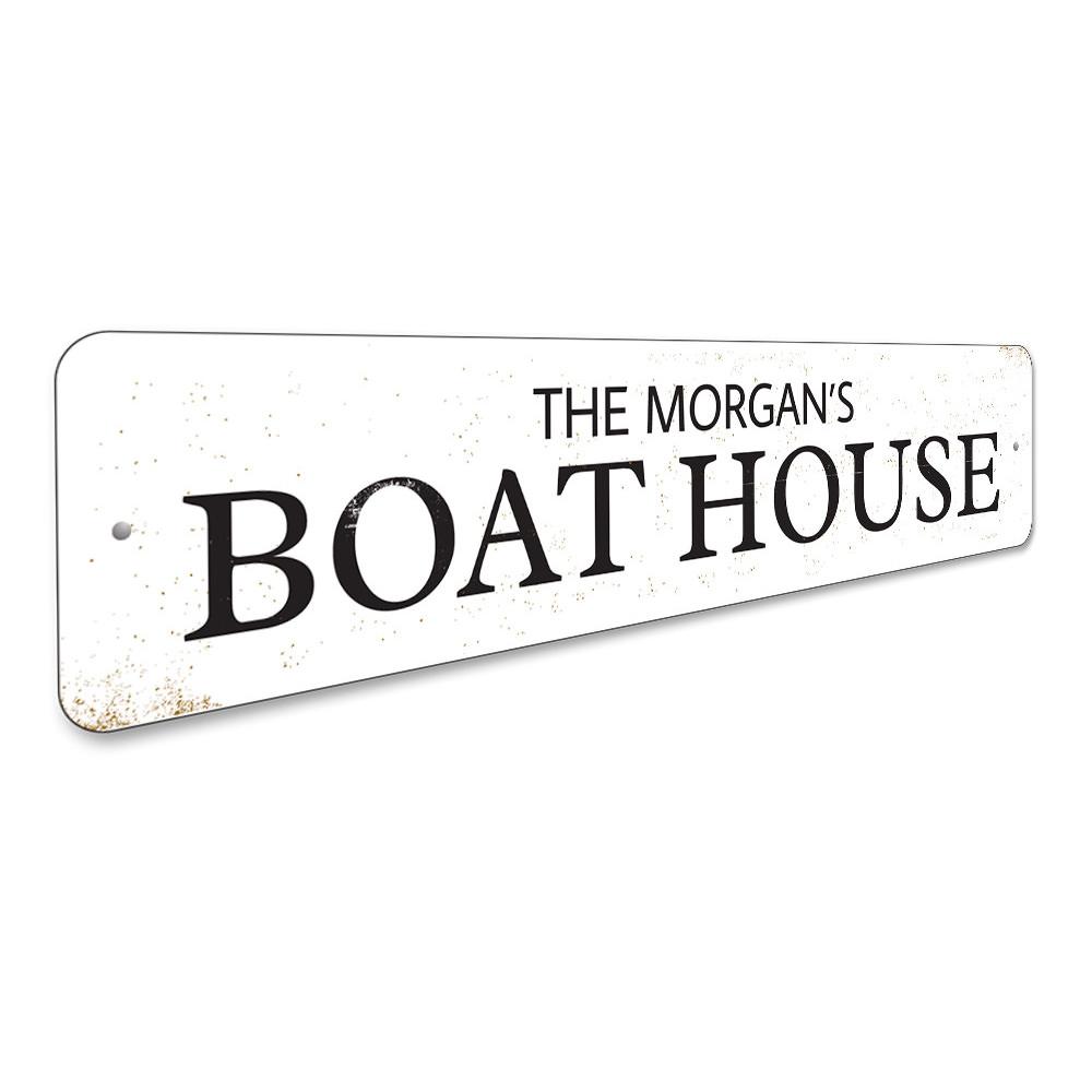 A personalized Family Boat House Sign made of high-quality aluminum, featuring customizable text and a rustic design, perfect for lakehouse decor.