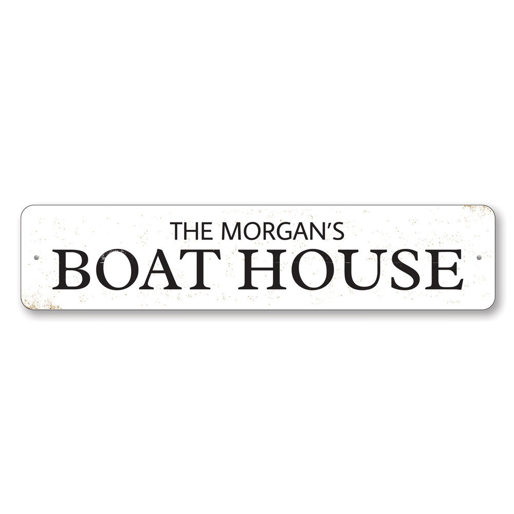 A personalized Family Boat House Sign made of high-quality aluminum, featuring customizable text and a rustic design, perfect for lakehouse decor.