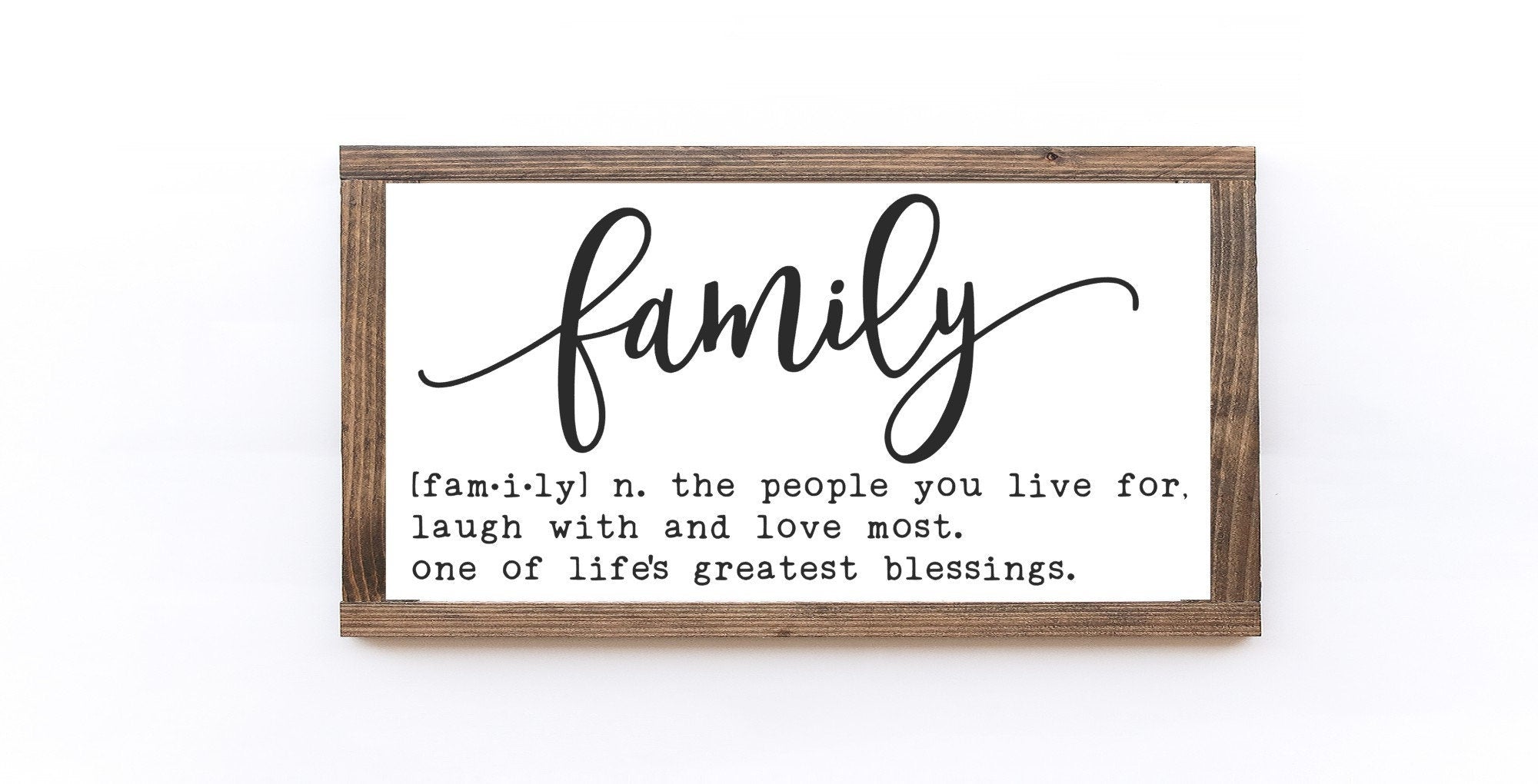 A beautifully crafted Family Definition Wood Sign in matte white, showcasing the word 'Family' with a rustic wooden background, perfect for home decor.