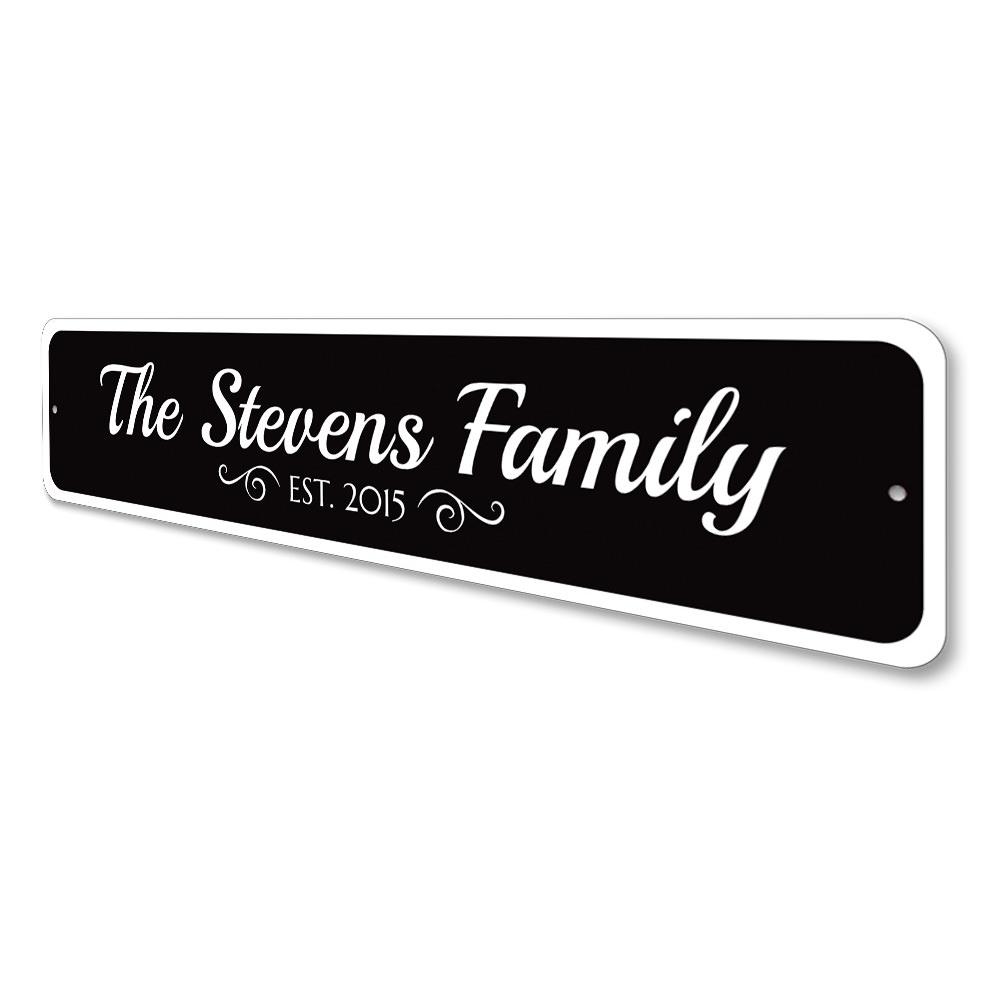 A personalized Family Est. Date Sign made of high-quality aluminum, featuring custom text and a decorative design, suitable for home decor.