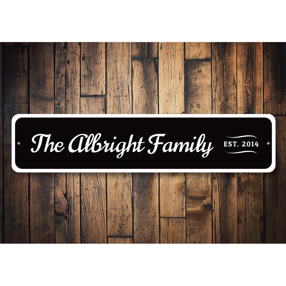 A personalized Family Established Sign made of high-quality aluminum, featuring custom text and a decorative design, suitable for home decor.