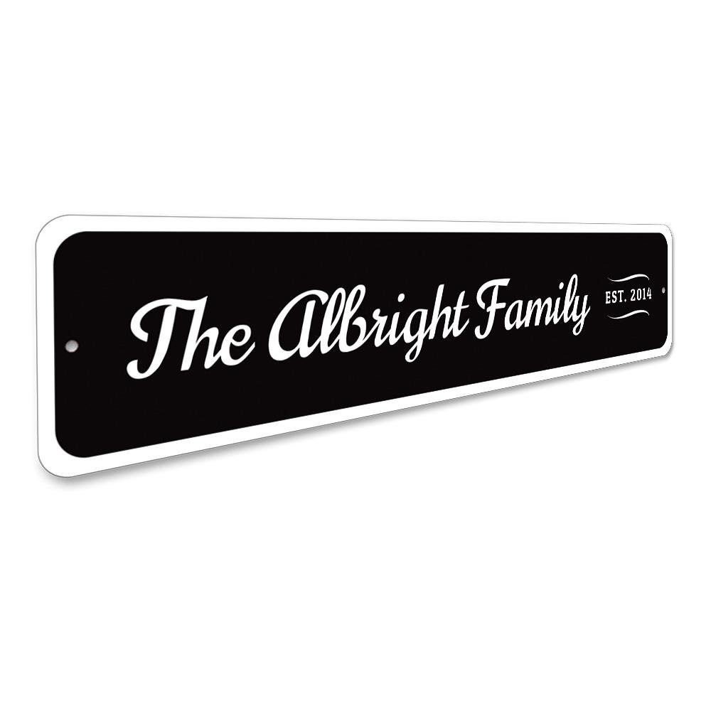 A personalized Family Established Sign made of high-quality aluminum, featuring custom text and a decorative design, suitable for home decor.