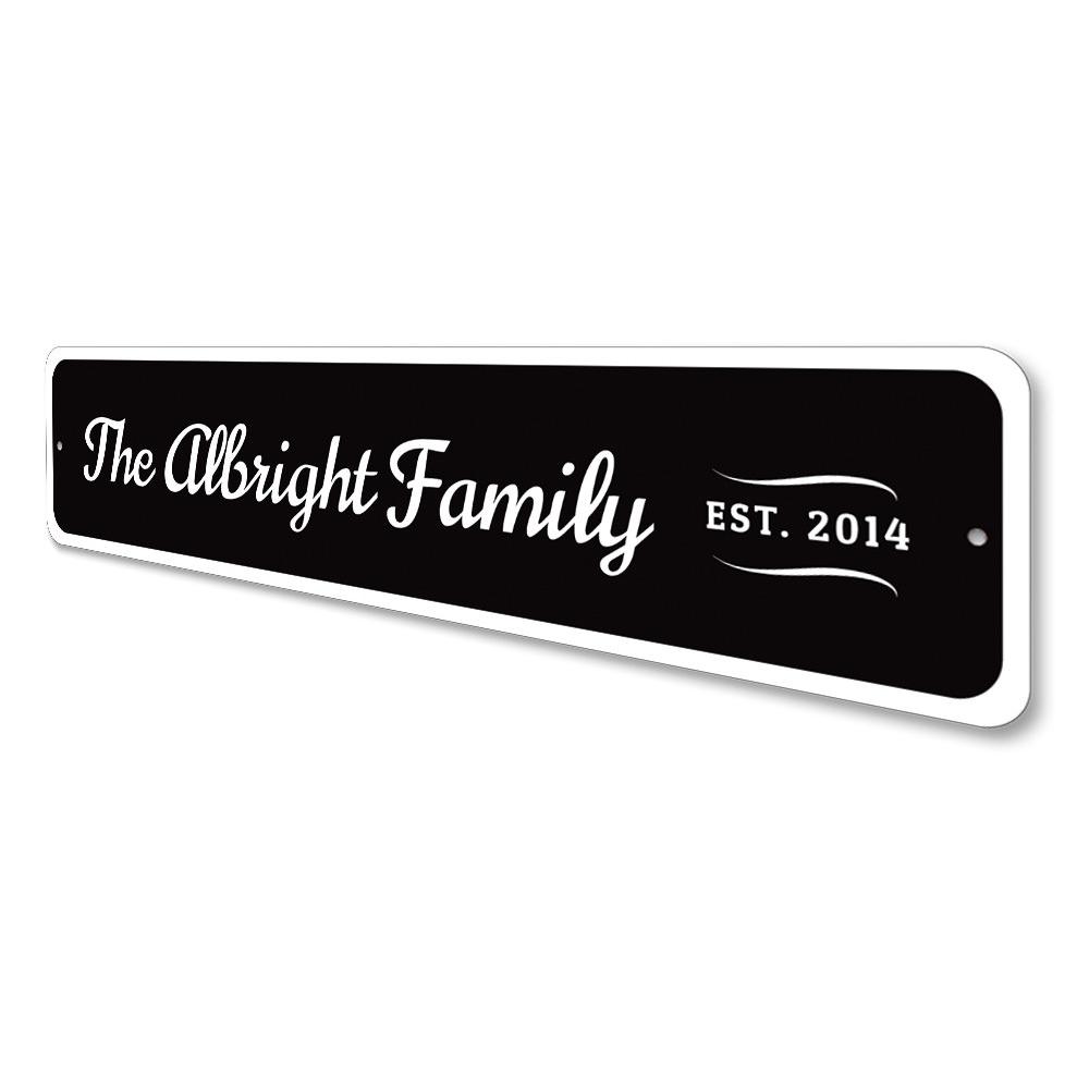 A personalized Family Established Sign made of high-quality aluminum, featuring custom text and a decorative design, suitable for home decor.