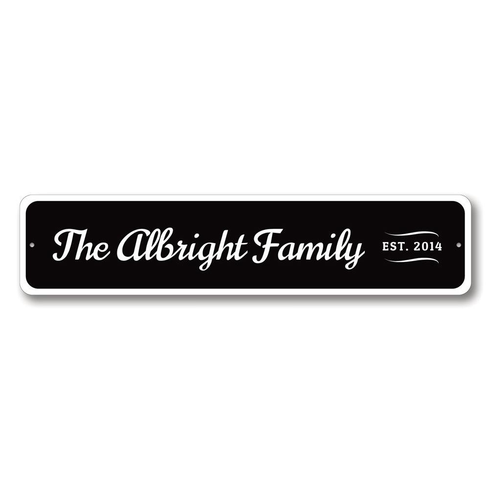 A personalized Family Established Sign made of high-quality aluminum, featuring custom text and a decorative design, suitable for home decor.