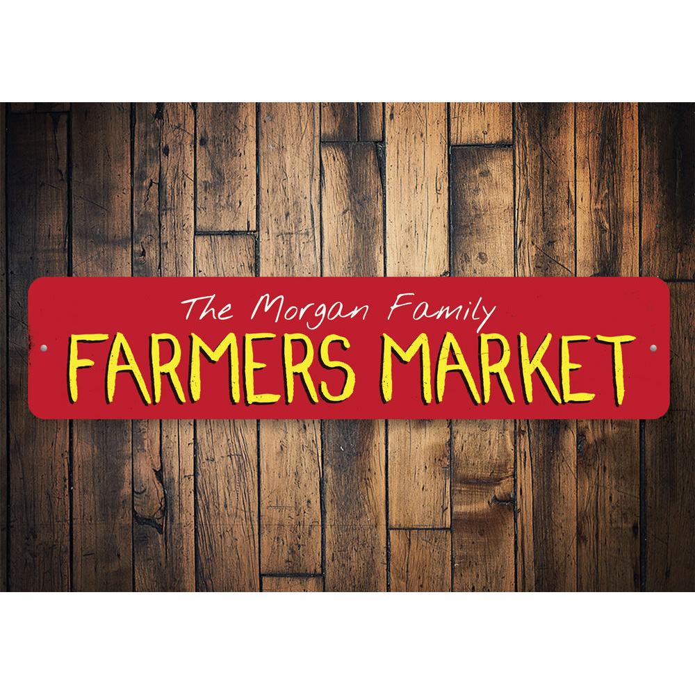 A decorative Family Farmers Market Sign made of high-quality aluminum, featuring customizable text options, ideal for businesses and gifts.