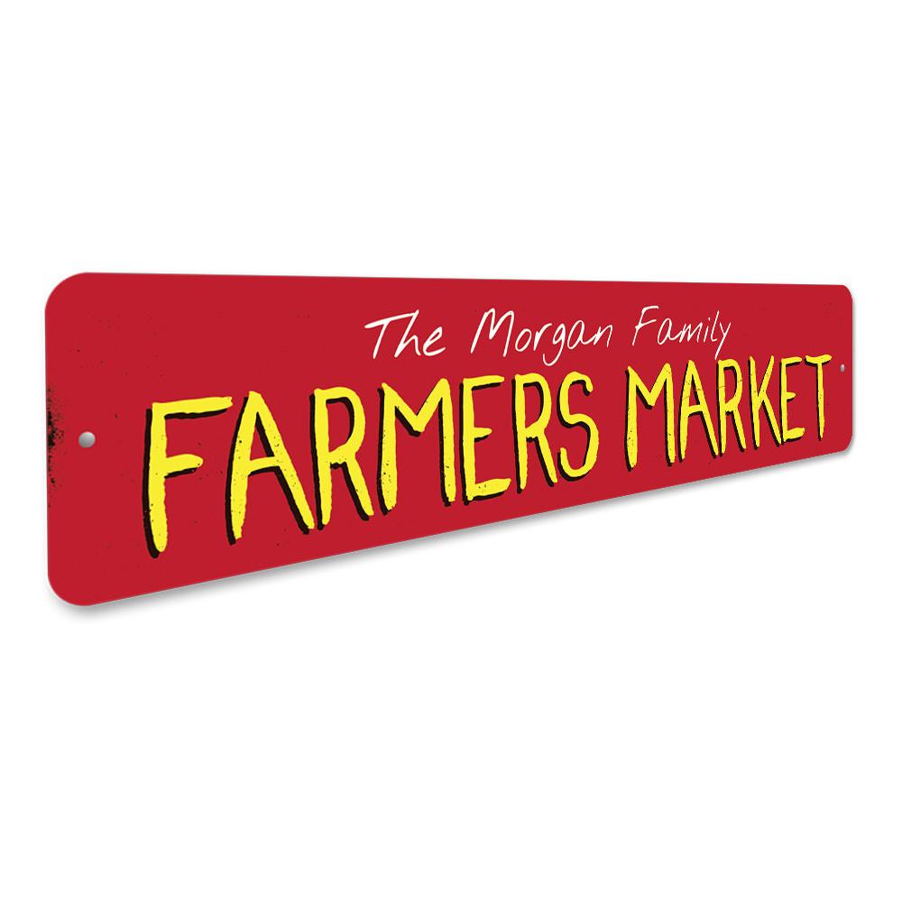 A decorative Family Farmers Market Sign made of high-quality aluminum, featuring customizable text options, ideal for businesses and gifts.