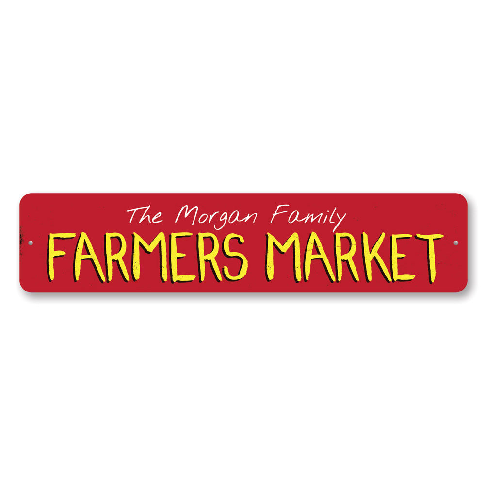 A decorative Family Farmers Market Sign made of high-quality aluminum, featuring customizable text options, ideal for businesses and gifts.