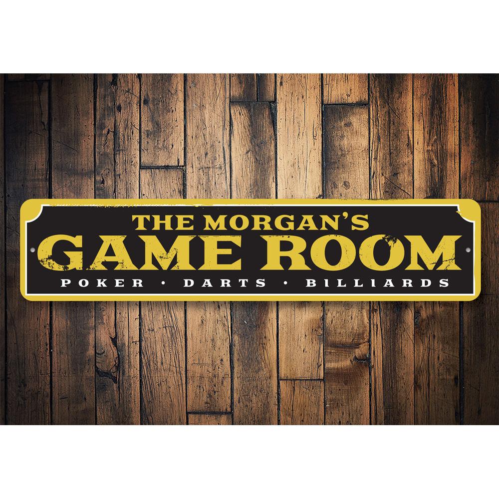 A decorative Family Game Room Sign made of high-quality aluminum, featuring customizable text and pre-drilled holes for easy mounting.