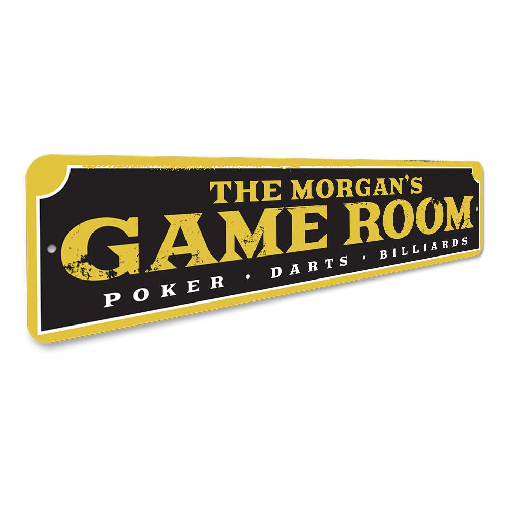 A decorative Family Game Room Sign made of high-quality aluminum, featuring customizable text and pre-drilled holes for easy mounting.