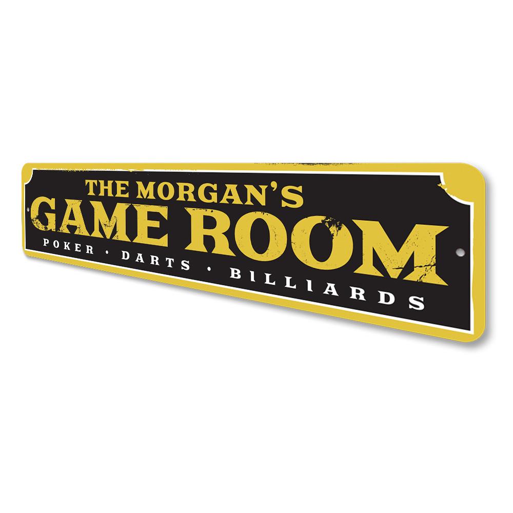 A decorative Family Game Room Sign made of high-quality aluminum, featuring customizable text and pre-drilled holes for easy mounting.