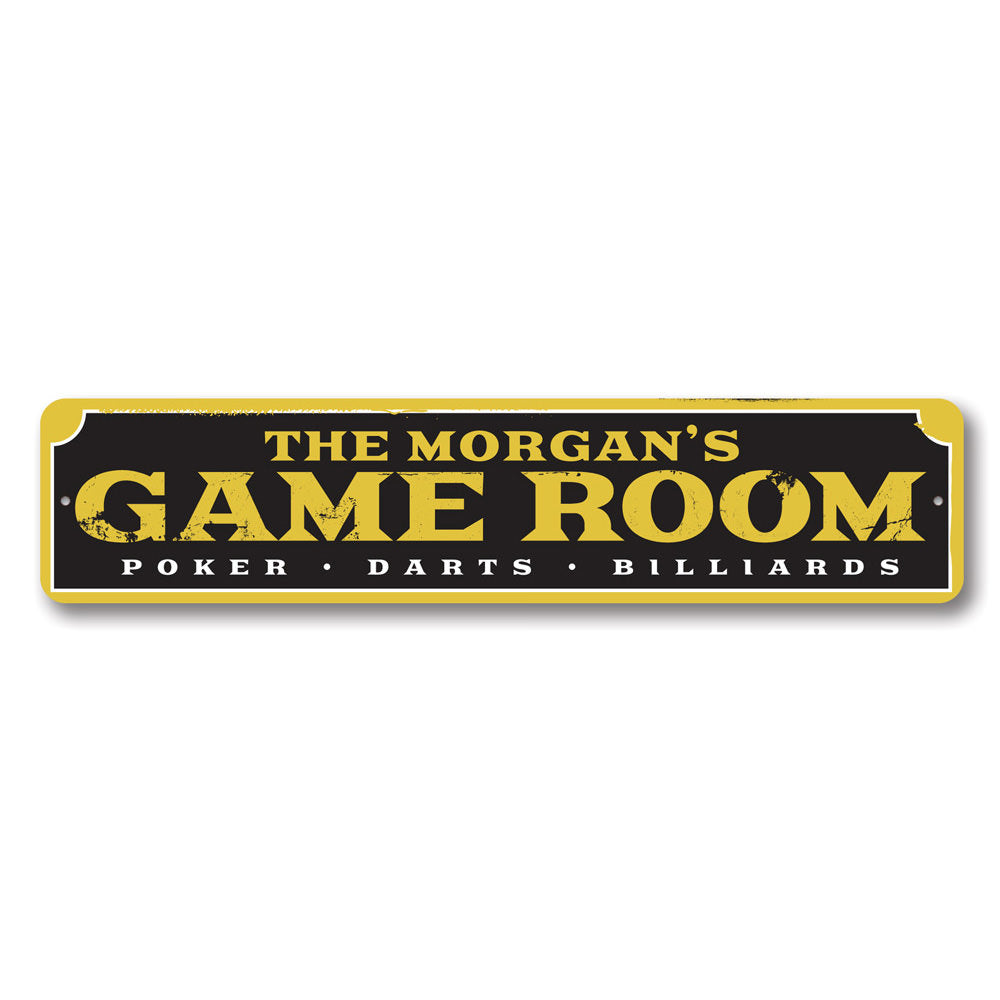 A decorative Family Game Room Sign made of high-quality aluminum, featuring customizable text and pre-drilled holes for easy mounting.