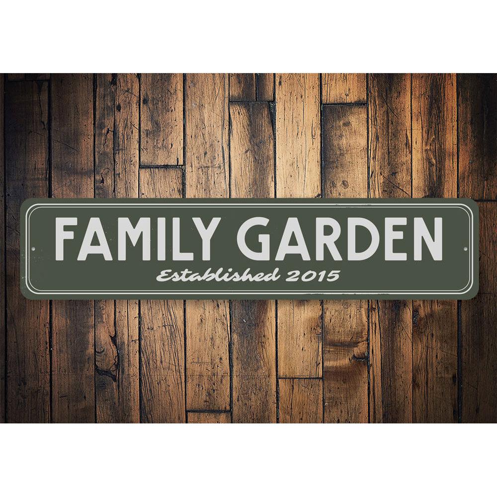 Personalized Family Garden Established Date Sign made of aluminum, featuring custom text and decorative design, suitable for outdoor display.