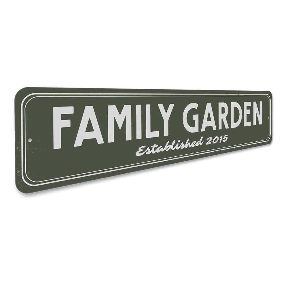 Personalized Family Garden Established Date Sign made of aluminum, featuring custom text and decorative design, suitable for outdoor display.