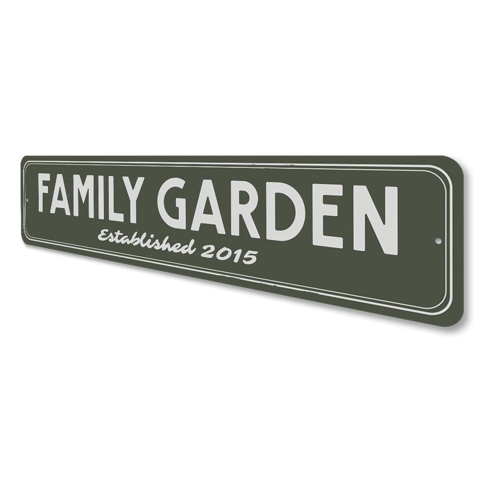 Personalized Family Garden Established Date Sign made of aluminum, featuring custom text and decorative design, suitable for outdoor display.