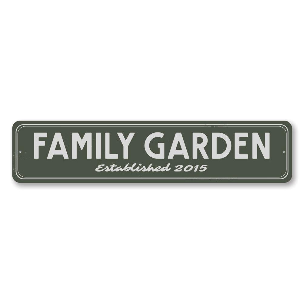 Personalized Family Garden Established Date Sign made of aluminum, featuring custom text and decorative design, suitable for outdoor display.