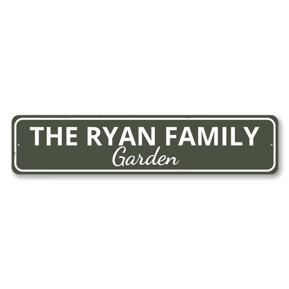 A beautifully crafted Family Garden Sign made of durable aluminum, featuring customizable text for personalization, displayed in a lush garden setting.