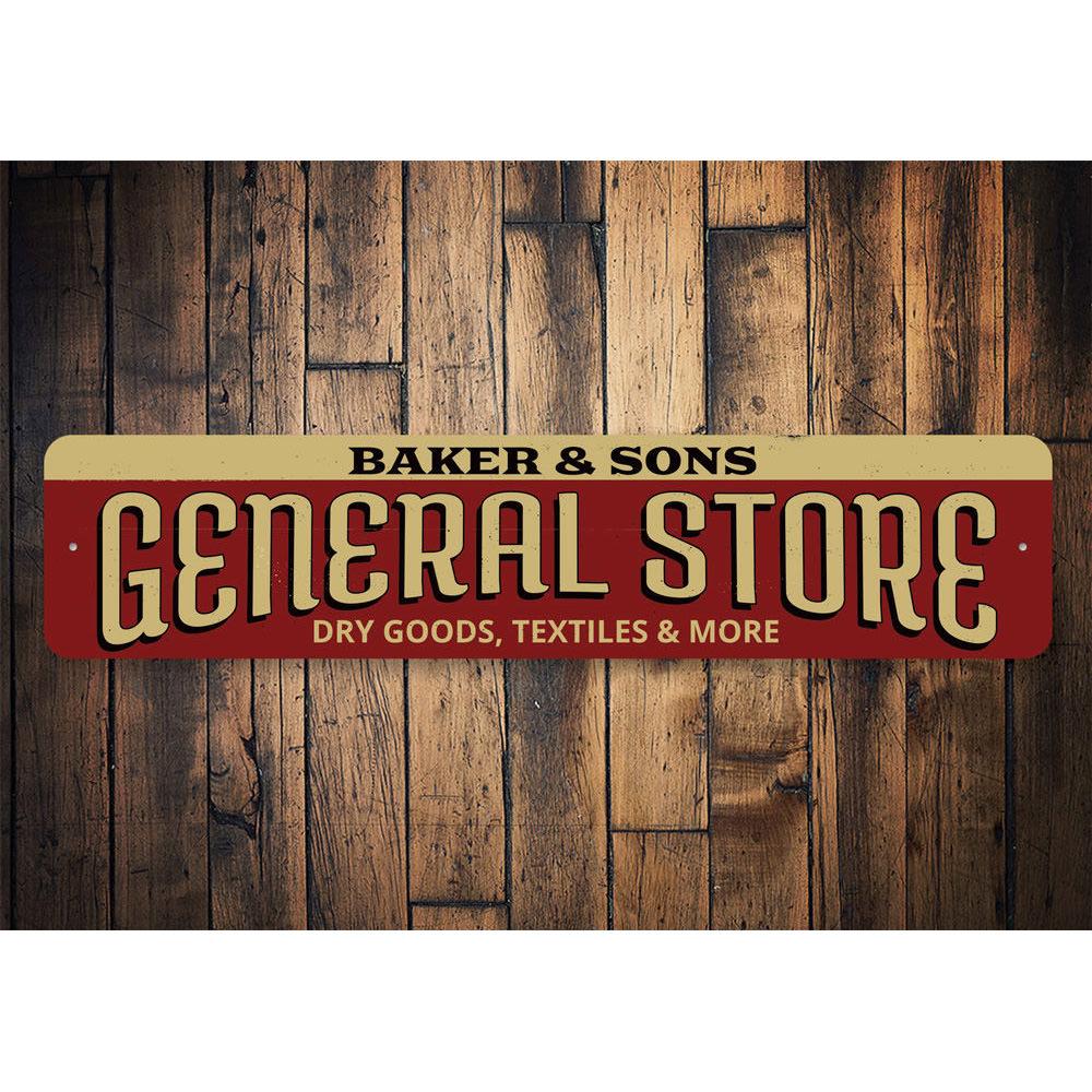 A decorative Family General Store Sign made of high-quality aluminum, featuring customizable text and pre-drilled holes for easy mounting.