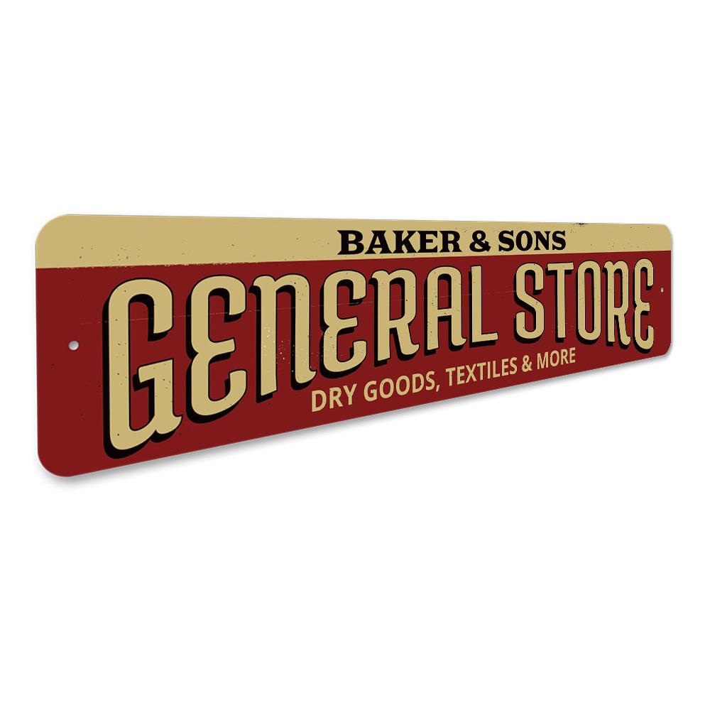 A decorative Family General Store Sign made of high-quality aluminum, featuring customizable text and pre-drilled holes for easy mounting.