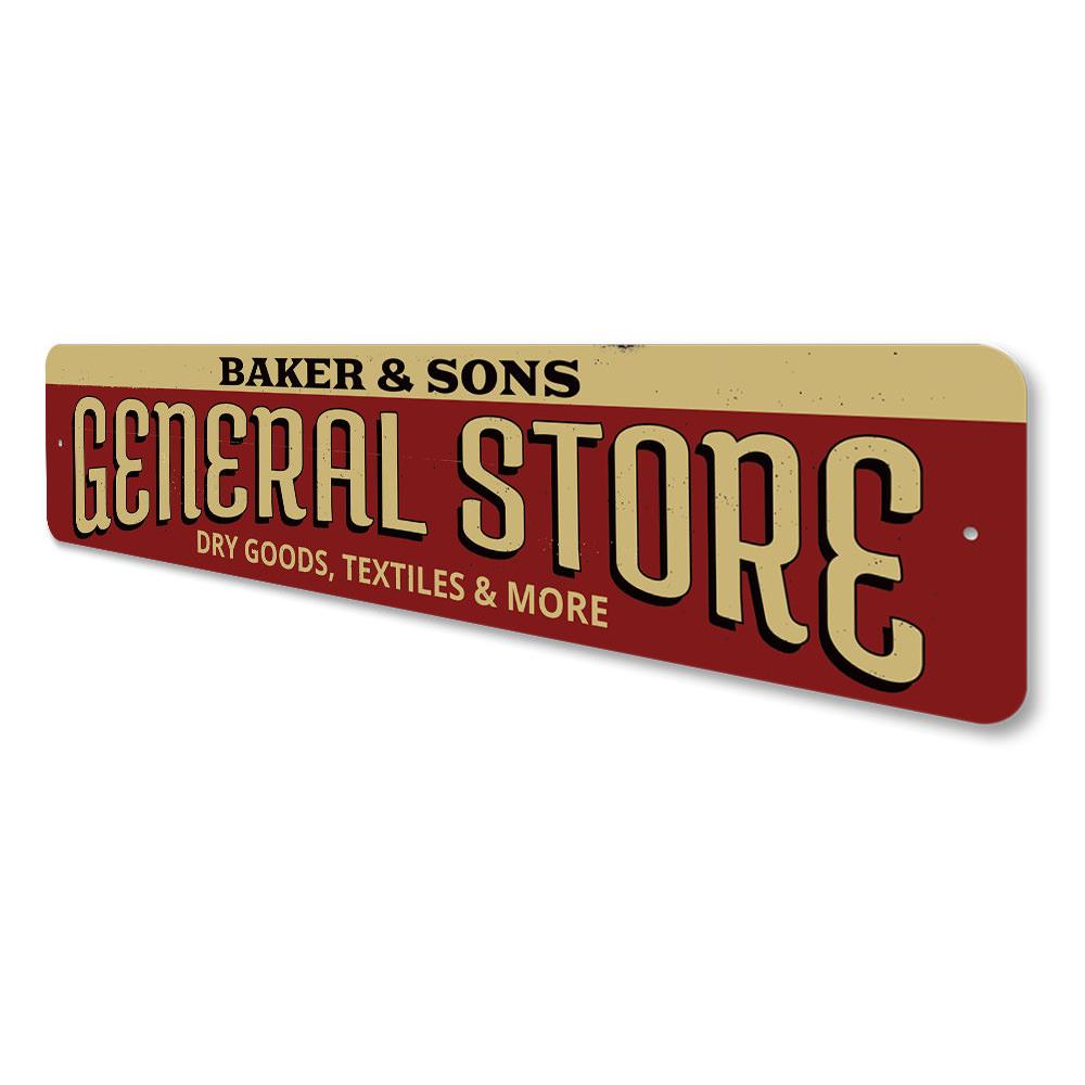 A decorative Family General Store Sign made of high-quality aluminum, featuring customizable text and pre-drilled holes for easy mounting.