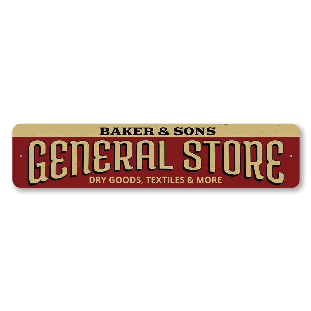 A decorative Family General Store Sign made of high-quality aluminum, featuring customizable text and pre-drilled holes for easy mounting.