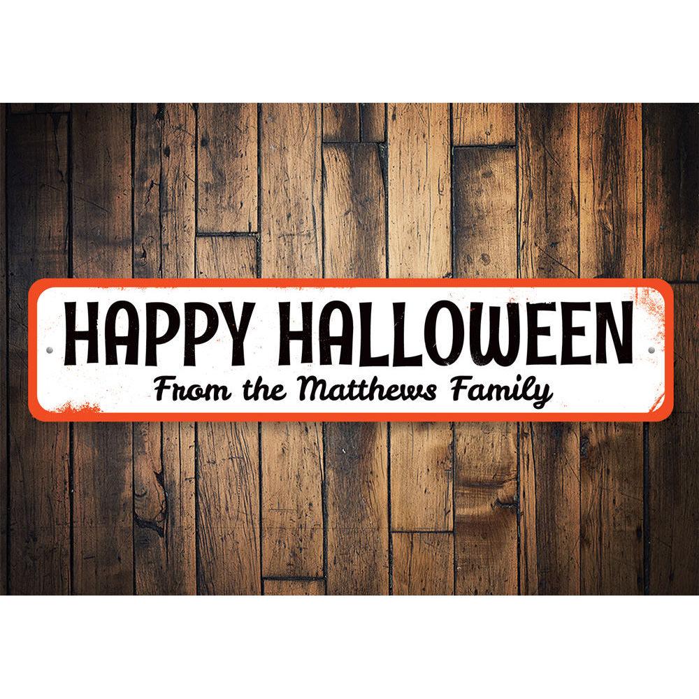 A decorative Family Halloween Sign made of high-quality aluminum, featuring spooky designs perfect for Halloween decor.