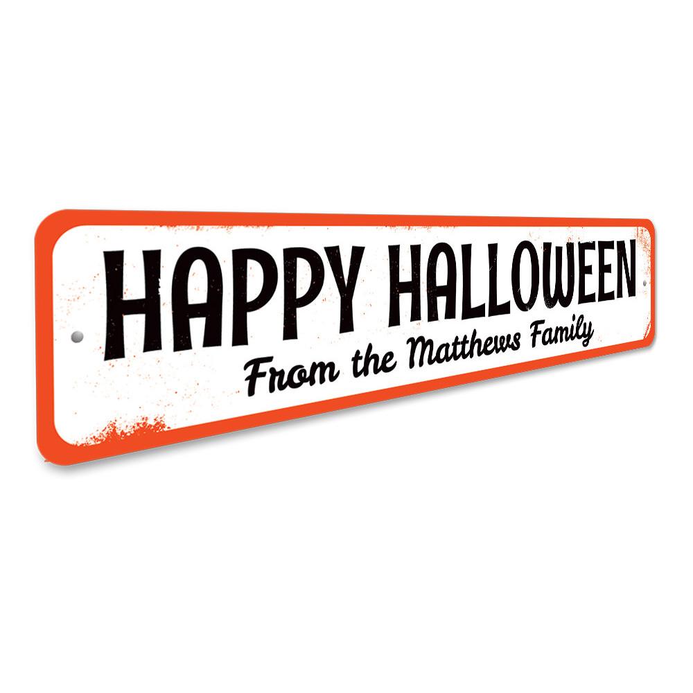 A decorative Family Halloween Sign made of high-quality aluminum, featuring spooky designs perfect for Halloween decor.