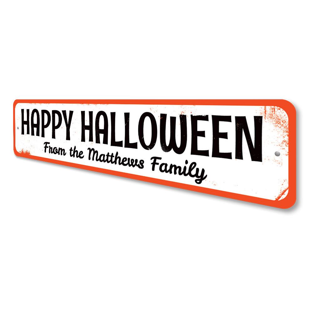 A decorative Family Halloween Sign made of high-quality aluminum, featuring spooky designs perfect for Halloween decor.