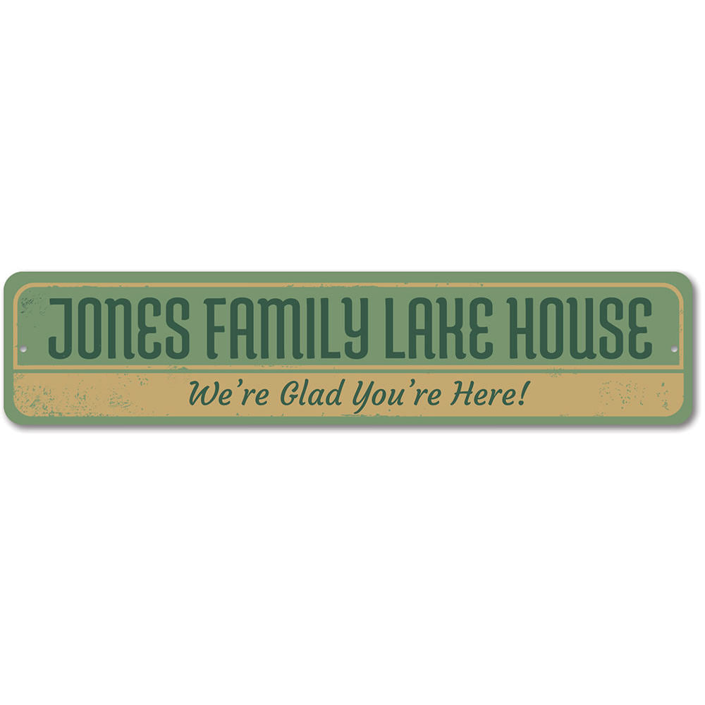 A beautifully crafted Family Lake House Sign made of durable aluminum, featuring customizable text and a rustic design, perfect for lake house decor.