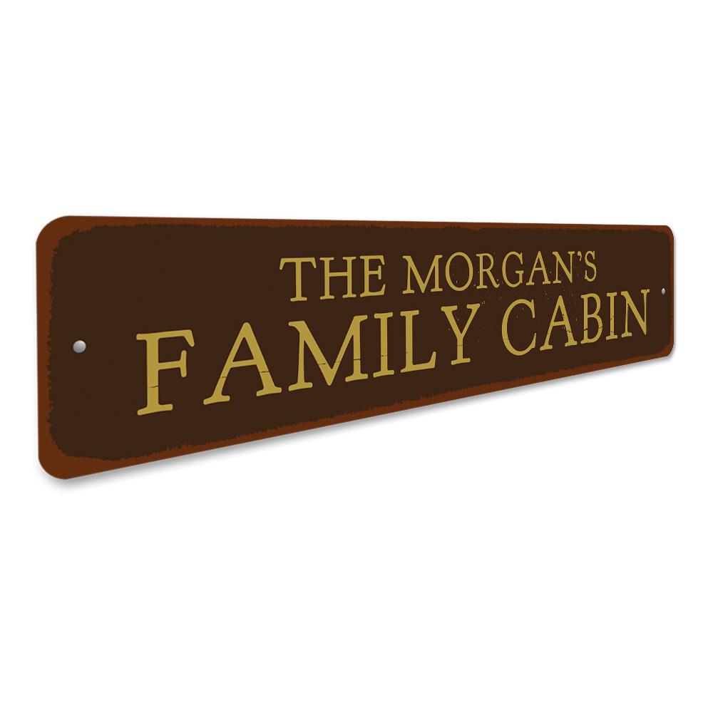 Personalized Family Name Cabin Sign made of durable aluminum, featuring custom text and pre-drilled holes for easy mounting.