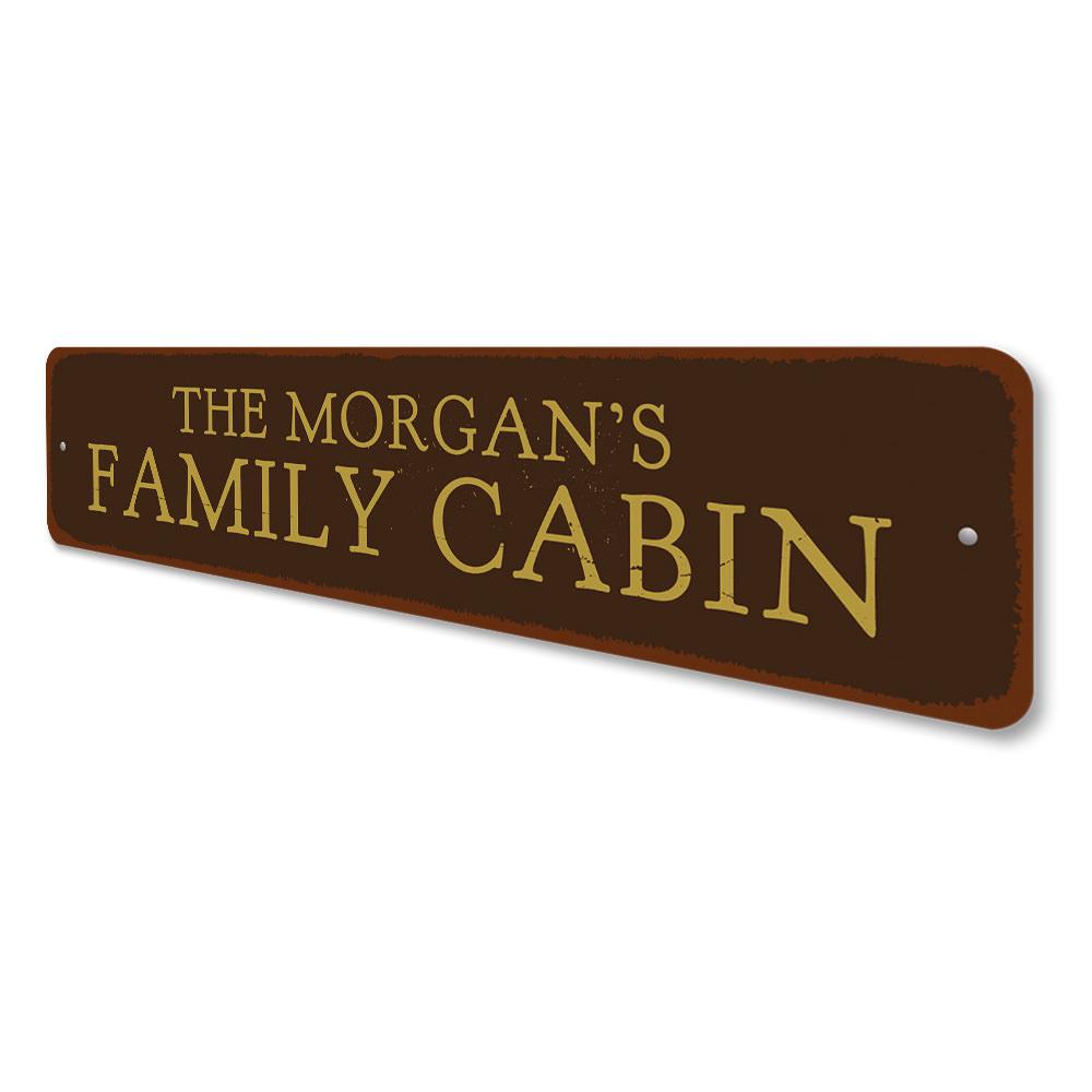 Personalized Family Name Cabin Sign made of durable aluminum, featuring custom text and pre-drilled holes for easy mounting.